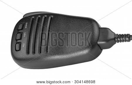 Black Handheld Dynamic Microphone For Radiocommunication At Dry Sunny Summer Day