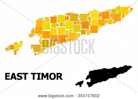 Gold Square Mosaic And Solid Map Of East Timor. Vector Geographic Map Of East Timor In Yellow Golden