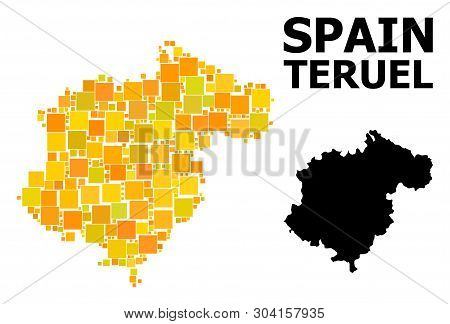 Gold Square Pattern And Solid Map Of Teruel Province. Vector Geographic Map Of Teruel Province In Ye