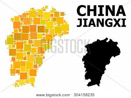Gold Square Mosaic And Solid Map Of Jiangxi Province. Vector Geographic Map Of Jiangxi Province In Y