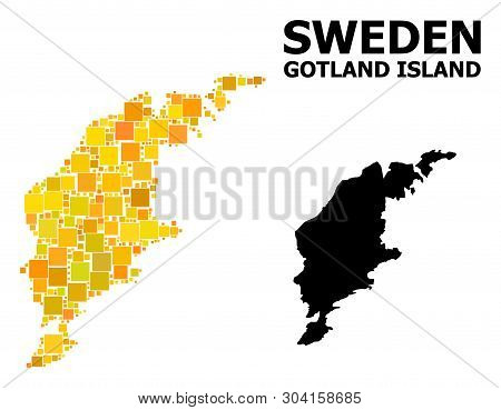 Gold Square Pattern And Solid Map Of Gotland Island. Vector Geographic Map Of Gotland Island In Yell