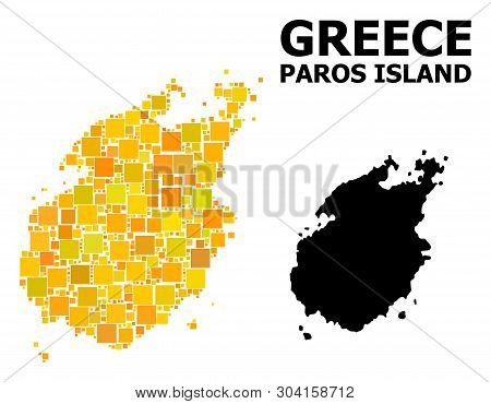 Gold Square Mosaic And Solid Map Of Paros Island. Vector Geographic Map Of Paros Island In Yellow Go