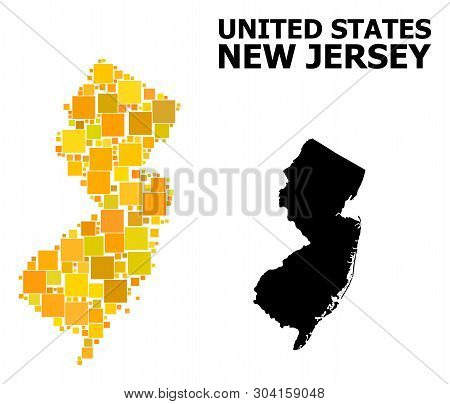 Gold Square Mosaic And Solid Map Of New Jersey State. Vector Geographic Map Of New Jersey State In Y