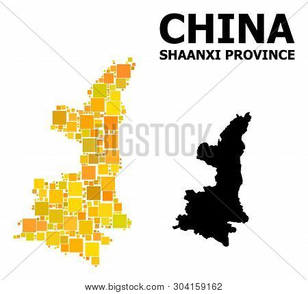 Gold Square Mosaic And Solid Map Of Shaanxi Province. Vector Geographic Map Of Shaanxi Province In Y