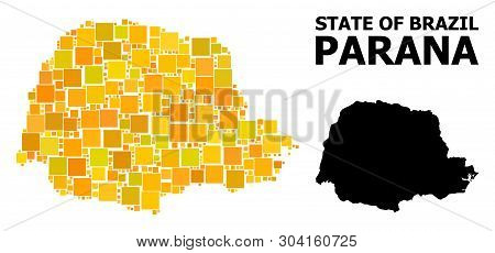 Gold Square Pattern And Solid Map Of Parana State. Vector Geographic Map Of Parana State In Yellow G