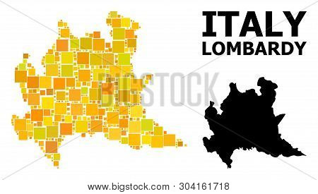 Gold Square Pattern And Solid Map Of Lombardy Region. Vector Geographic Map Of Lombardy Region In Ye