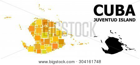 Gold Square Mosaic And Solid Map Of Juventud Island. Vector Geographic Map Of Juventud Island In Yel