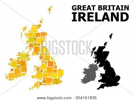 Gold Square Mosaic And Solid Map Of Great Britain And Ireland. Vector Geographic Map Of Great Britai