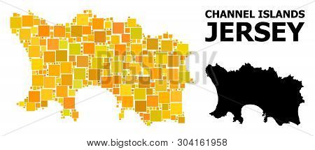 Gold Square Pattern And Solid Map Of Jersey Island. Vector Geographic Map Of Jersey Island In Yellow