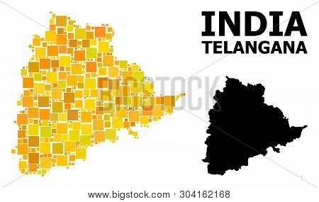 Gold Square Mosaic And Solid Map Of Telangana State. Vector Geographic Map Of Telangana State In Yel