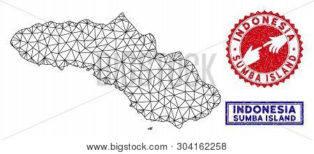 2d Polygonal Sumba Island Map And Grunge Seal Stamps. Abstract Lines And Spheric Points Form Sumba I