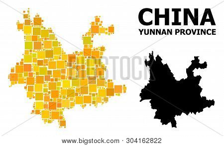 Gold Square Pattern And Solid Map Of Yunnan Province. Vector Geographic Map Of Yunnan Province In Ye