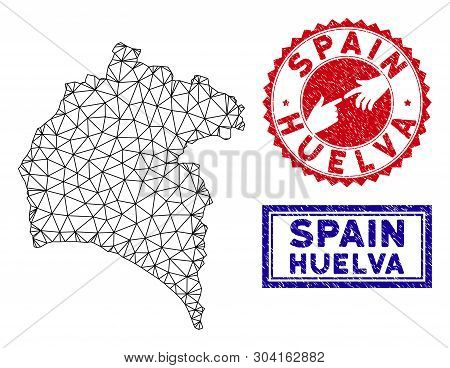 2d Polygonal Huelva Province Map And Grunge Seal Stamps. Abstract Lines And Circle Dots Form Huelva 