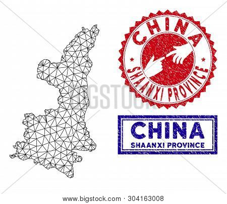 Network Polygonal Shaanxi Province Map And Grunge Seal Stamps. Abstract Lines And Circle Dots Form S