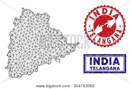 Wire Frame Polygonal Telangana State Map And Grunge Seal Stamps. Abstract Lines And Points Form Tela
