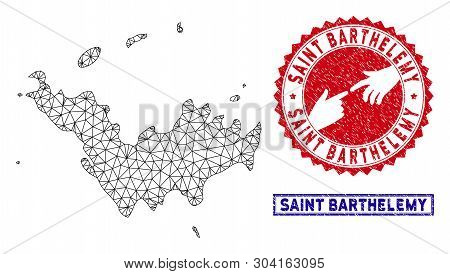 Network Polygonal Saint Barthelemy Map And Grunge Seal Stamps. Abstract Lines And Small Circles Form