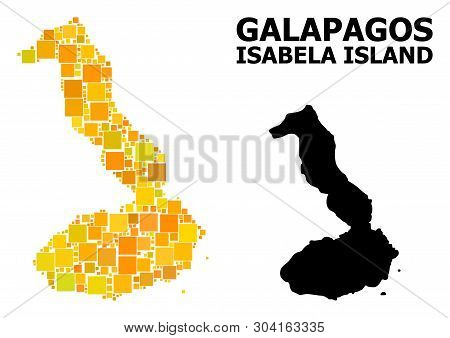 Gold Square Mosaic And Solid Map Of Galapagos - Isabela Island. Vector Geographic Map Of Galapagos -