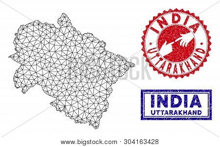 2d Polygonal Uttarakhand State Map And Grunge Seal Stamps. Abstract Lines And Spheric Points Form Ut