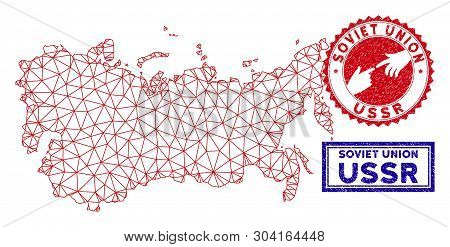 Mesh Polygonal Ussr Map And Grunge Seal Stamps. Abstract Lines And Small Circles Form Ussr Map Vecto