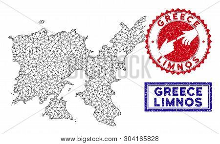 Wire Frame Polygonal Limnos Greek Island Map And Grunge Seal Stamps. Abstract Lines And Circle Dots 