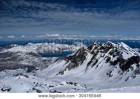 Panoramic View Of Mount St Helens Crater With Spirit Lake And Mount Rainier In Distance. Mount St He