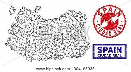 2d Polygonal Ciudad Real Province Map And Grunge Seal Stamps. Abstract Lines And Points Form Ciudad 