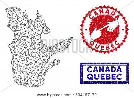 Network Polygonal Quebec Province Map And Grunge Seal Stamps. Abstract Lines And Spheric Points Form