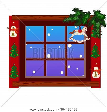 Cozy Interior Home Window With Decoraions And Baubles Isolated On White Background. Sample Of Christ