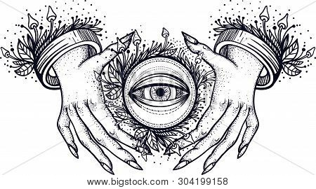 Witch Hands With All Seeing Third Eye. Dotwork Tattoo Design. Vector