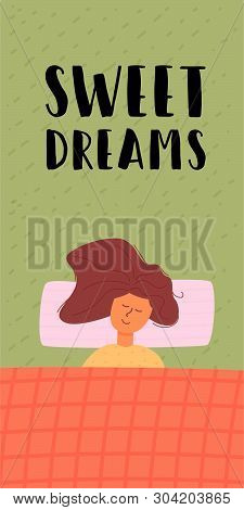 The Girl Sleeps Sweetly On A Soft Pillow Covered With A Blanket. A Woman Has A Dream. Vector Flat Il