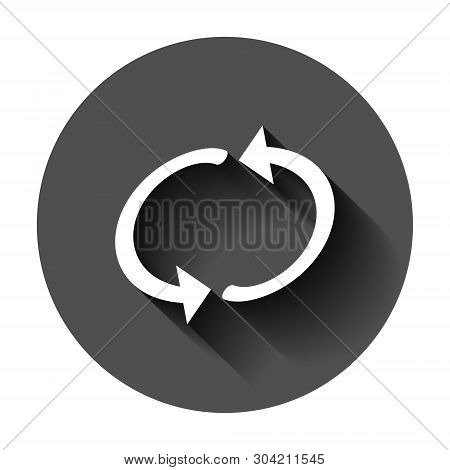 Arrow Rotation Icon In Flat Style. Sync Action Vector Illustration On Black Round Background With Lo