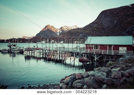 Traditional Architecture In Tind Fishing Village On Lofoten Islands, Nordland. Norway.