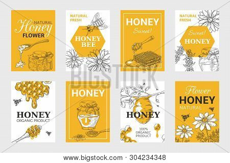 Honey Sketch Poster. Honeycomb And Bees Flyer Set, Organic Food Design, Beehive, Jar And Flowers Lay