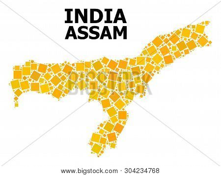 Gold Square Mosaic Vector Map Of Assam State. Abstract Collage Geographic Map Of Assam State Is Crea
