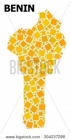 Gold Square Mosaic Vector Map Of Benin. Abstract Mosaic Geographic Map Of Benin Is Done With Randomi