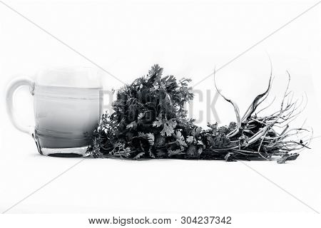 Fresh Parsley Juice  Or Coriander Juice In A Transparent Glass Isolated On White With Fresh Parsley 