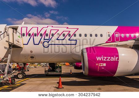 London Luton, England. April 2019. A View Of A Wizz Air Plane At Luton Airport In The Uk