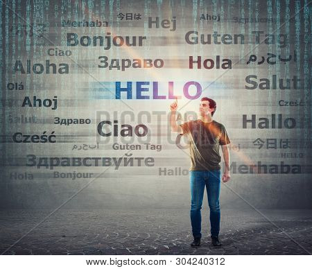 Student Guy Pointing Index Finger Up Choosing Word Hello With Different Translations. Multilingual T