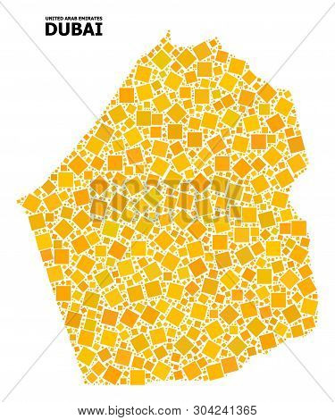 Gold Square Mosaic Vector Map Of Dubai Emirate. Abstract Mosaic Geographic Map Of Dubai Emirate Is D