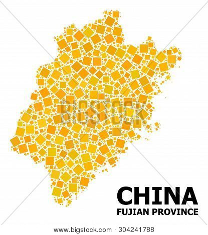 Gold Square Pattern Vector Map Of Fujian Province. Abstract Collage Geographic Map Of Fujian Provinc