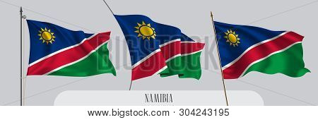 Set Of Namibia Waving Flag On Isolated Background Vector Illustration. 3 Blue Red And A Sun Namibian