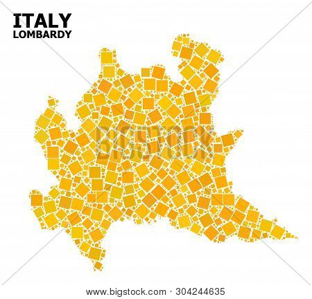 Gold Square Pattern Vector Map Of Lombardy Region. Abstract Mosaic Geographic Map Of Lombardy Region