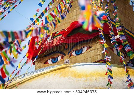 Buddha's Eyes Depicted On A Stupa Boudnath