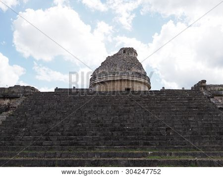 Exterior Of Obserwatory At Chichen Itza Mayan Town, Ruins At Most Impressive Of Archaeological Sites