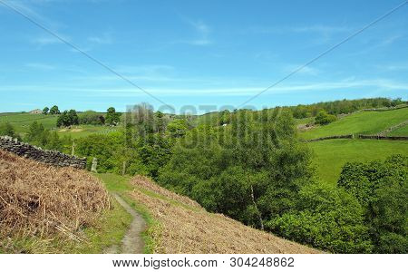 A Narrow Walking Path On High Moorland Surrounded By Pasture With Stone Walls Above Crimsworth Dean 