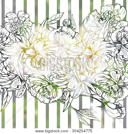 Hand-drawn Autentic Flower Surface Pattern With Piony.