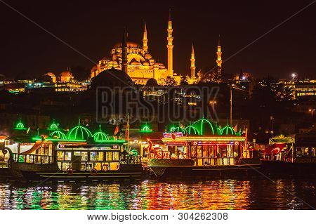 Night View To Suleymaniye Cami, From Galata Bridge, Istanbul, Turkey