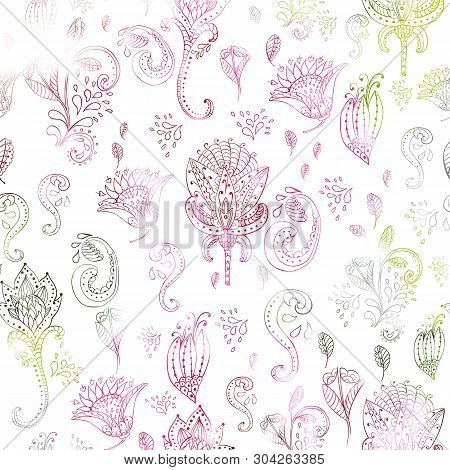 Hand-drawn Autentic Flower Surface Pattern With Magic Blossom
