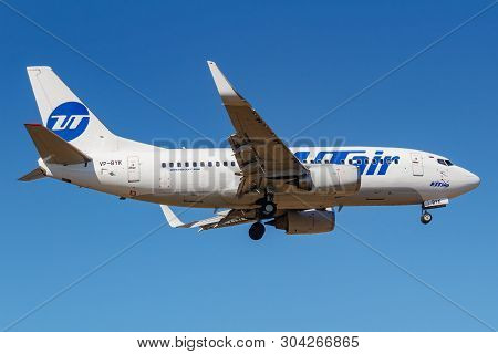 Moscow, Russia - April 03, 2019: Aircraft Boeing 737-524(wl) Vp-byk Of Utair Aviation Going To Landi