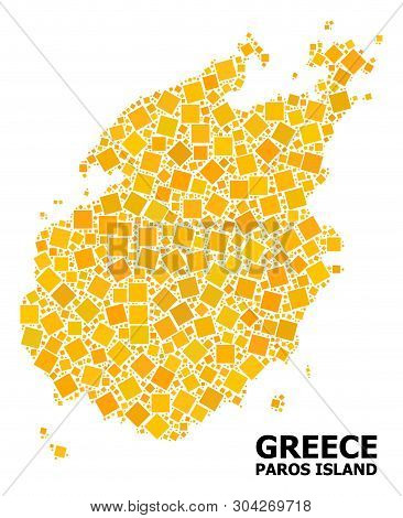 Gold Square Pattern Vector Map Of Paros Island. Abstract Mosaic Geographic Map Of Paros Island Is Do